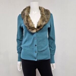 CAbi Tea Room Cardigan Size S Removable Faux Fur Collar Button Down Teal #3018